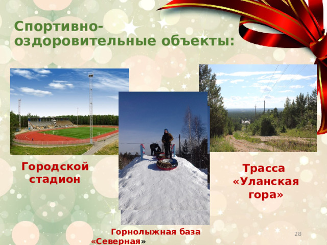 Городской стадион  Трасса «Уланская гора» Спортивно-оздоровительные объекты:  Горнолыжная база «Северная »  
