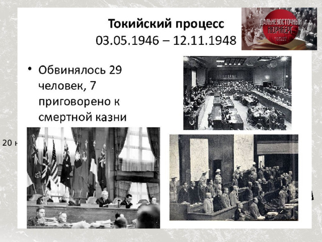 Послевоенные судебные процессы Нюрнбергский, Токийский и Хабаровский трибуналы 20 ноября 1945 г. - 1 октября 1946 г 
