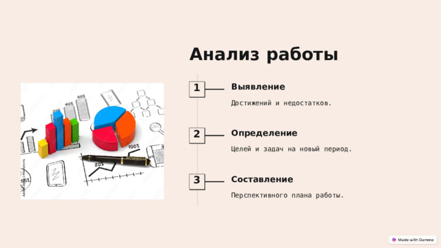 Анализ работы Выявление 1 Достижений и недостатков. Определение 2 Целей и задач на новый период. Составление 3 Перспективного плана работы. 