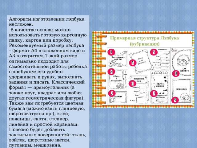 Алгоритм изготовления лэпбука несложен.  В качестве основы можно использовать готовую картонную папку, картон или коробку. Рекомендуемый размер лэпбука – формат А4 в сложенном виде и А3 в открытом. Такой размер оптимально подходит для самостоятельной работы ребенка с лэпбуком: его удобно удерживать в руках, выполнять задания и писать. Классический формат — прямоугольник (а также круг, квадрат или любая другая геометрическая фигура). Также вам потребуется цветная бумага (можно взять глянцевую, шероховатую и пр.), клей, ножницы, скотч, степлер, линейка и простой карандаш. Полезно будет добавить тактильных поверхностей: ткань, войлок, шерстяные нитки, пуговицы, мешковина. 