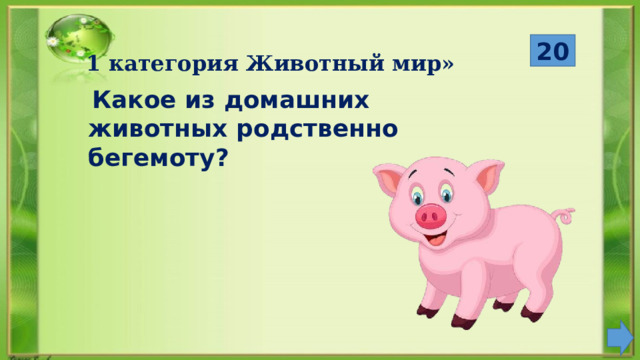20 1 категория Животный мир»  Какое из домашних животных родственно бегемоту? 