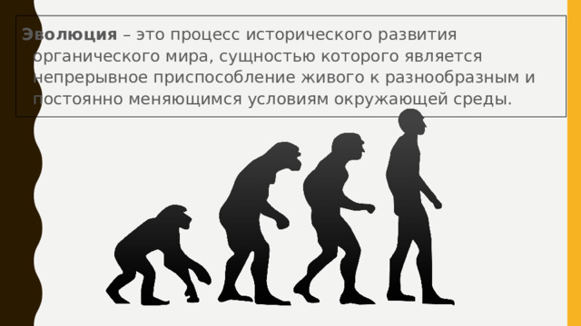 Эволюция – это процесс исторического развития органического мира, сущностью которого является непрерывное приспособление живого к разнообразным и постоянно меняющимся условиям окружающей среды. 