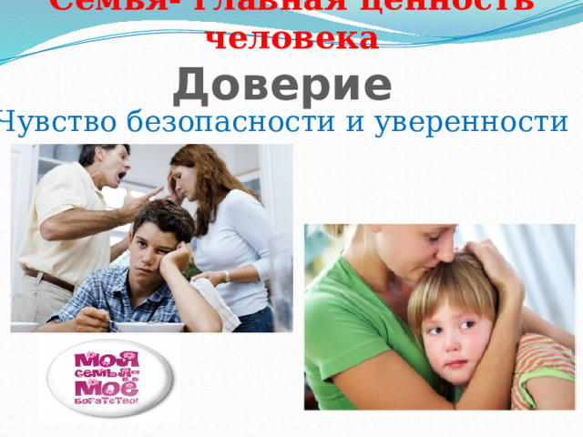 Семья- главная ценность человека Доверие Чувство безопасности и уверенности 