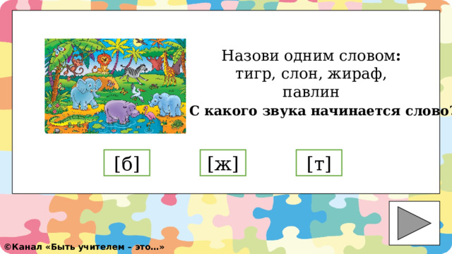 Назови одним словом : тигр, слон, жираф, павлин С какого звука начинается слово? [ ж] [ б] [ т] ©️ Канал «Быть учителем – это…» 