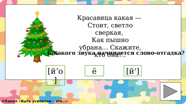 Красавица какая — Стоит, светло сверкая, Как пышно убрана… Скажите, кто она?.. С какого звука начинается слово-отгадка? [ й'] ё [ й’о] ©️ Канал «Быть учителем – это…» 