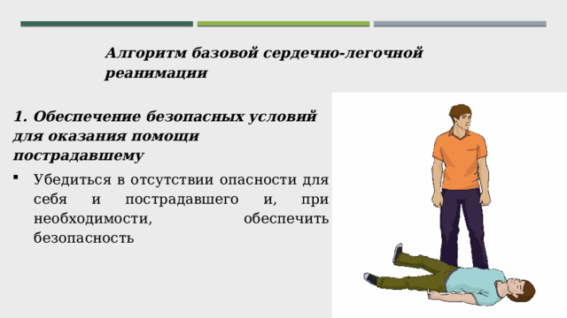 Алгоритм базовой сердечно-легочной реанимации 1. Обеспечение безопасных условий для оказания помощи пострадавшему Убедиться в отсутствии опасности для себя и пострадавшего и, при необходимости, обеспечить безопасность  