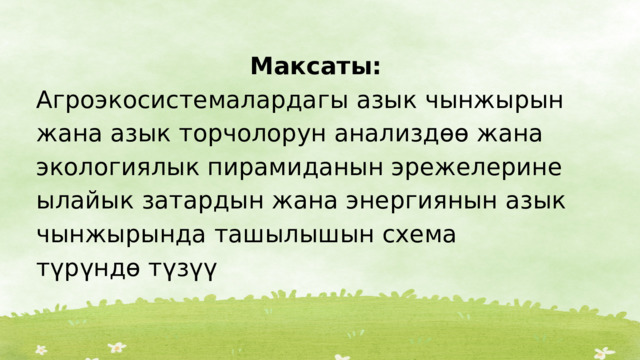 Максаты: Агроэкосистемалардагы азык чынжырын жана азык торчолорун анализдөө жана экологиялык пирамиданын эрежелерине ылайык затардын жана энергиянын азык чынжырында ташылышын схема түрүндө түзүү 