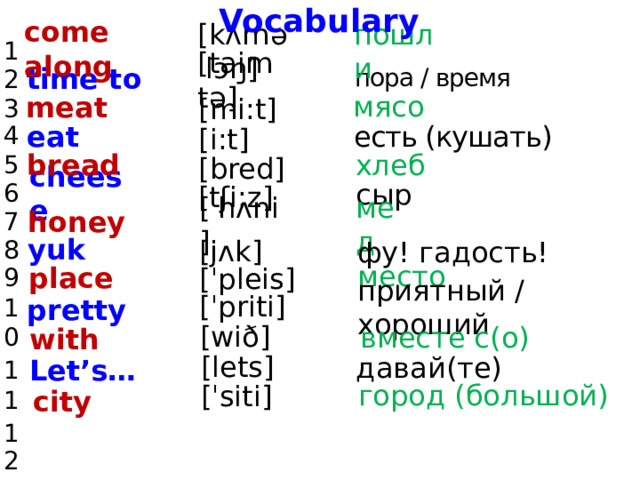 Vocabulary come along 1 2 3 4 5 6 7 8 9 10 11 12 13 пошли [kʌməˈlɔŋ] пора / время time to [taim tə] мясо meat [mi:t] eat есть (кушать) [i:t] bread хлеб [bred] cheese сыр [tʃi:z] honey [ˈhʌni] мед yuk [jʌk] фу! гадость! place место [ˈpleis] [ˈpriti] приятный / хороший pretty [wið] вместе с(о) with [lets] давай(те) Let’s… город (большой) [ˈsiti] city 