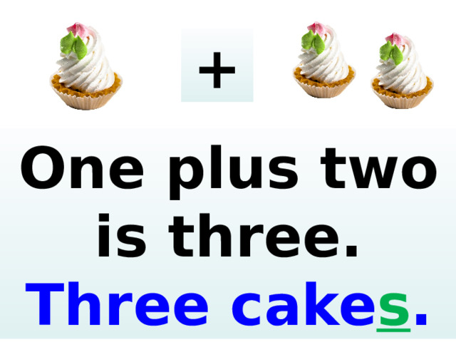 + One plus two is three. Three c a ke s .  