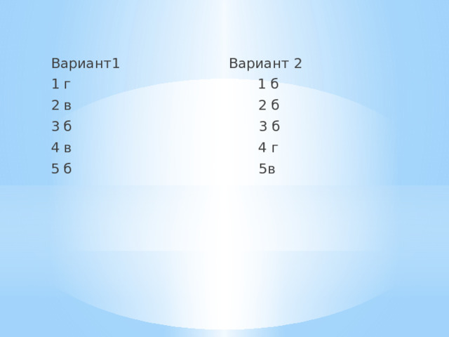 Вариант1 Вариант 2 1 г 1 б 2 в 2 б 3 б 3 б 4 в 4 г 5 б 5в 