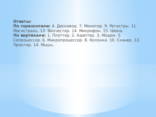 Ответы:  По горизонтали:  4. Дисковод. 7. Монитор. 9. Регистры. 11. Магистраль. 13. Винчестер. 14. Микрофон. 15. Шина.   По вертикали:  1. Плоттер. 2. Адаптер. 3. Модем. 5. Сопроцессор. 6. Микропроцессор. 8. Колонки. 10. Сканер. 12. Принтер. 14. Мышь. 