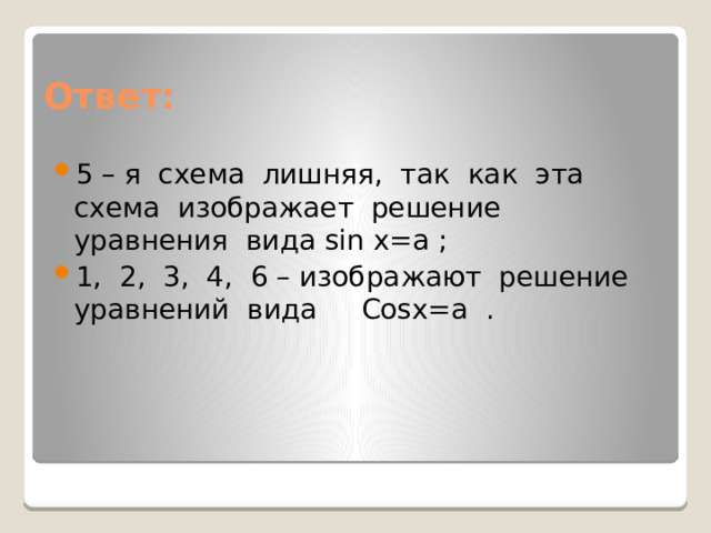 Ответ: 5 – я схема лишняя, так как эта схема изображает решение уравнения вида sin x=a ; 1, 2, 3, 4, 6 – изображают решение уравнений вида Cosx=a . 