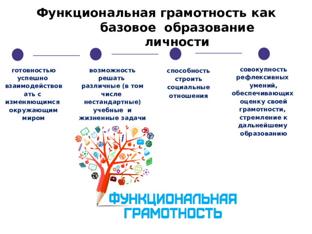 Функциональная грамотность как базовое образование личности совокупность рефлексивных умений, обеспечивающих оценку своей грамотности, стремление к дальнейшему образованию готовностью успешно взаимодействовать с изменяющимся окружающим миром возможность решать различные (в том числе нестандартные) учебные и жизненные задачи способность строить социальные отношения 