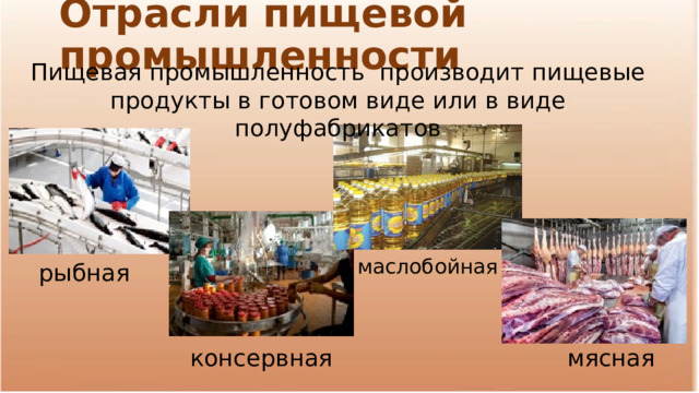 Отрасли пищевой промышленности Пищевая промышленность производит пищевые продукты в готовом виде или в виде полуфабрикатов маслобойная рыбная консервная мясная 