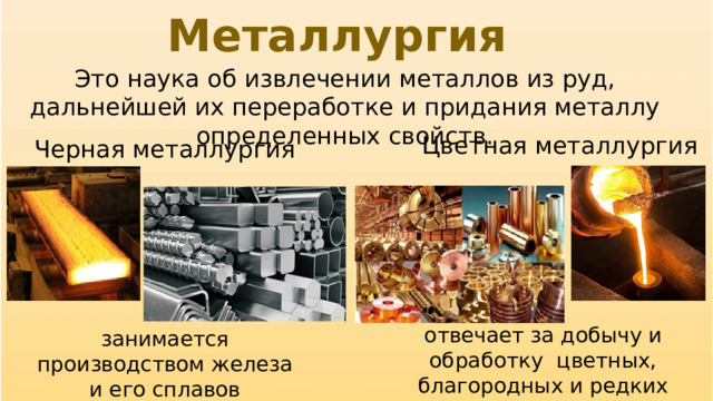 Металлургия Это наука об извлечении металлов из руд, дальнейшей их переработке и придания металлу определенных свойств. Цветная металлургия Черная металлургия отвечает за добычу и обработку цветных, благородных и редких металлов занимается производством железа и его сплавов 