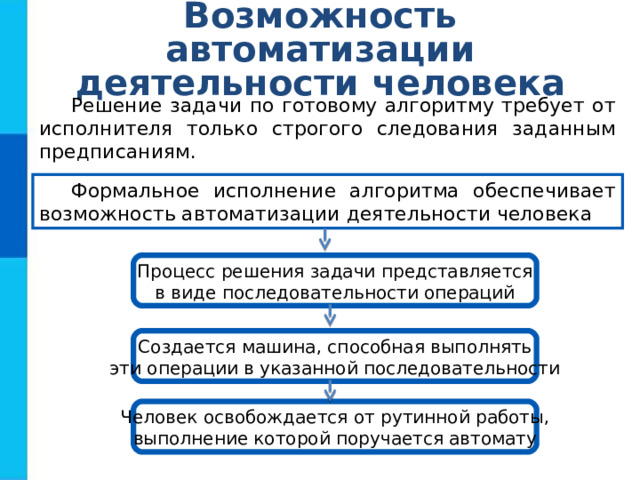 Возможность автоматизации деятельности человека Решение задачи по готовому алгоритму требует от исполнителя только строгого следования заданным предписаниям. Формальное исполнение алгоритма обеспечивает возможность автоматизации деятельности человека Процесс решения задачи представляется в виде последовательности операций Создается машина, способная выполнять эти операции в указанной последовательности Человек освобождается от рутинной работы, выполнение которой поручается автомату 