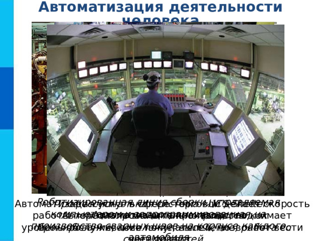 Автоматизация деятельности человека Автоматизация гостиниц. Профессиональная система «UCS-Shelter». Автоматизированы такие процессы как бронирование, поселение, выселение, работа со счетами гостей. Автоматизация торговли. Автоматизация услуг в сфере торговли делает скорость работы персонала значительно выше, поднимает уровень обслуживания покупателей, позволяет вести учет товара. Роботизированная линия сборки, управляемая компьютером и запрограммированная на производство сварных швов на корпусе каждого автомобиля Автоматизация производства 