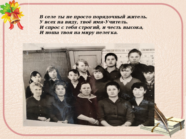 В селе ты не просто порядочный житель.  У всех на виду, твоё имя-Учитель.  И спрос с тебя строгий, и честь высока,  И ноша твоя на миру нелегка.   