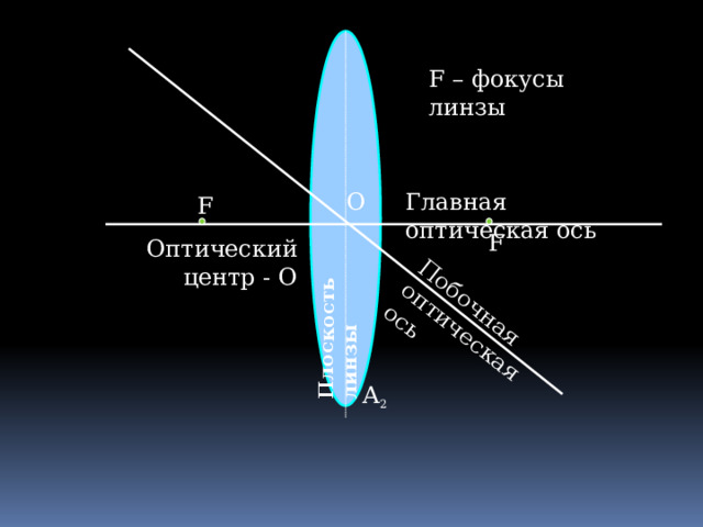 Побочная оптическая ось Плоскость линзы F – фокусы линзы Главная оптическая ось О F F Оптический центр - О А 2 
