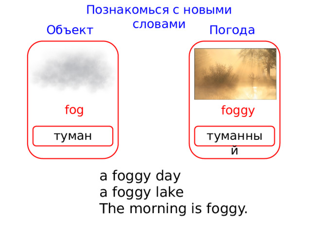 Познакомься с новыми словами Погода Объект fog foggy туман туманный a foggy day a foggy lake The morning is foggy. 