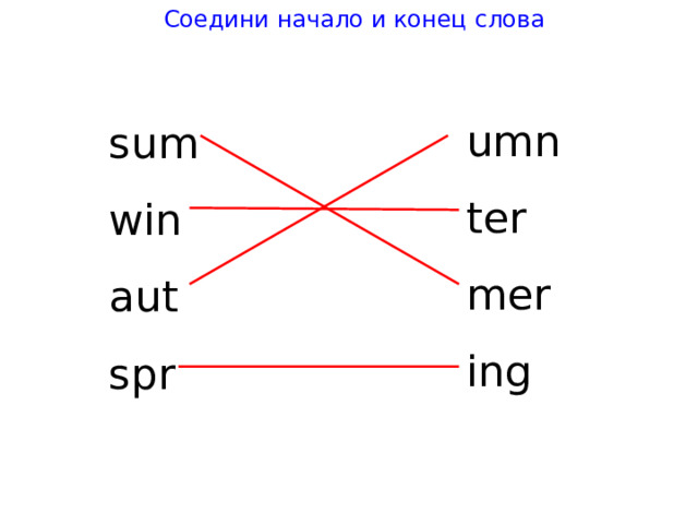 Соедини начало и конец слова umn t er mer ing sum win au t spr 