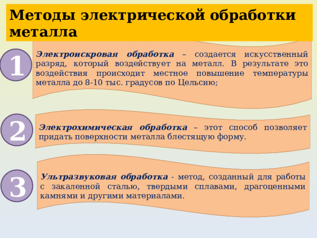 Методы электрической обработки металла Электроискровая обработка – создается искусственный разряд, который воздействует на металл. В результате это воздействия происходит местное повышение температуры металла до 8-10 тыс. градусов по Цельсию; 1 Электрохимическая обработка – этот способ позволяет придать поверхности металла блестящую форму. 2 Ультразвуковая обработка - метод, созданный для работы с закаленной сталью, твердыми сплавами, драгоценными камнями и другими материалами. 3 