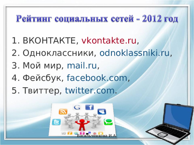 ВКОНТАКТЕ,  vkontakte.ru , Одноклассники,  odnoklassniki.ru , Мой мир,  mail.ru , Фейсбук,  facebook.com , Твиттер,  twitter.com . Васильченкова И.А. 