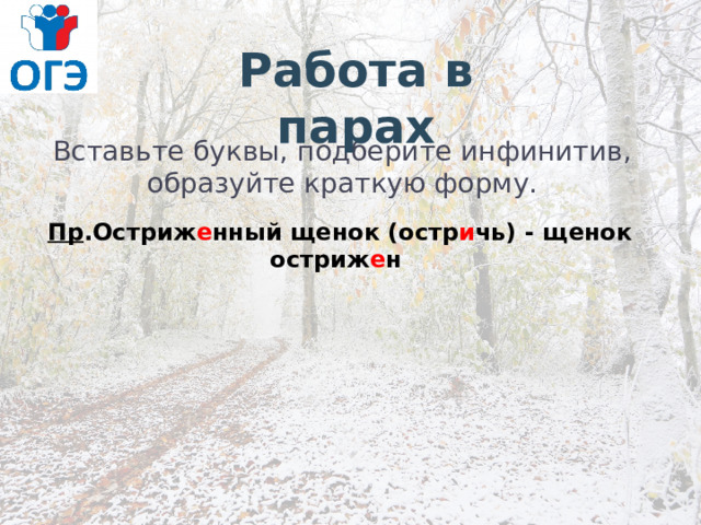 Работа в парах Вставьте буквы, подберите инфинитив, образуйте краткую форму.  Пр .Остриж е нный щенок (остр и чь) - щенок остриж е н 