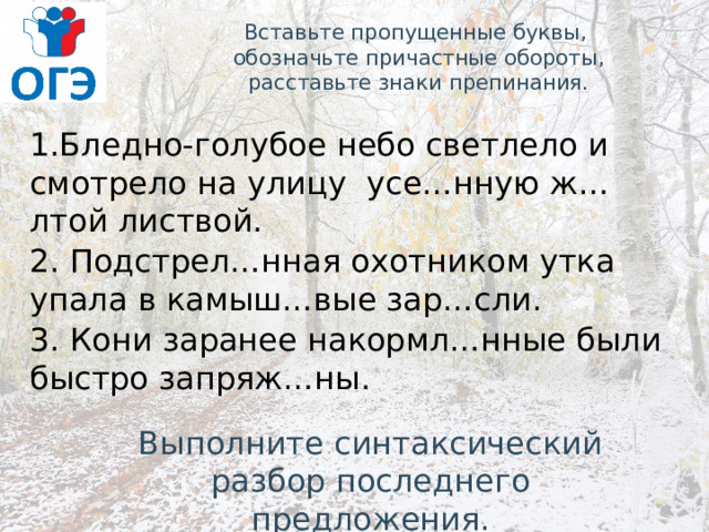 Вставьте пропущенные буквы,  обозначьте причастные обороты,  расставьте знаки препинания. 1.Бледно-голубое небо светлело и смотрело на улицу усе…нную ж…лтой листвой. 2. Подстрел…нная охотником утка упала в камыш…вые зар…сли. 3. Кони заранее накормл…нные были быстро запряж…ны.  Выполните синтаксический разбор последнего предложения. 