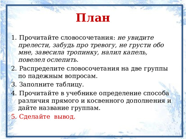 План 1. Прочитайте словосочетания: не увидите прелести, забудь про тревогу, не грусти обо мне, завесила тропинку, налил капель, повелел ослепить. 2. Распределите словосочетания на две группы по падежным вопросам. 3. Заполните таблицу. 4. Прочитайте в учебнике определение способа различия прямого и косвенного дополнения и дайте название группам. 5. Сделайте вывод. 