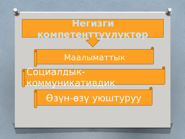 Негизги компетенттүүлүктөр Маалыматтык Социалдык-коммуникативдик Өзүн-өзү уюштуруу 