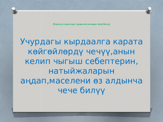    Өзүн-өзү уюштуруу жана мселелерди чече билүү      Учурдагы кырдаалга карата көйгөйлөрдү чечүү,анын келип чыгыш себептерин, натыйжаларын аңдап,маселени өз алдынча чече билүү 