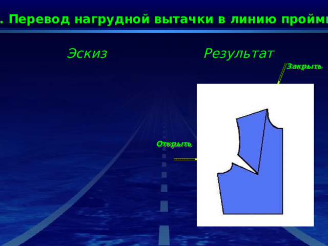 2. Перевод нагрудной вытачки в линию проймы Результат Эскиз Закрыть Открыть 