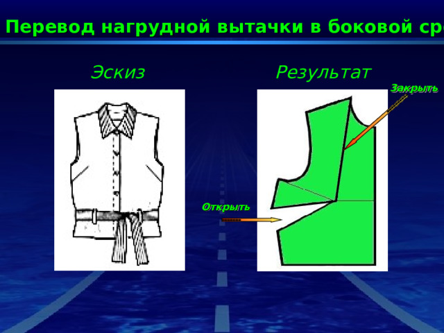 1. Перевод нагрудной вытачки в боковой срез  Эскиз Результат Закрыть Открыть 