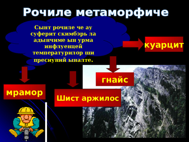 Сынт рочиле че ау суферит скимбэрь ла адынчиме ын урма инфлуенцей температурилор ши пресиуний ыналте . куарцит гнайс мрамор Шист аржилос 