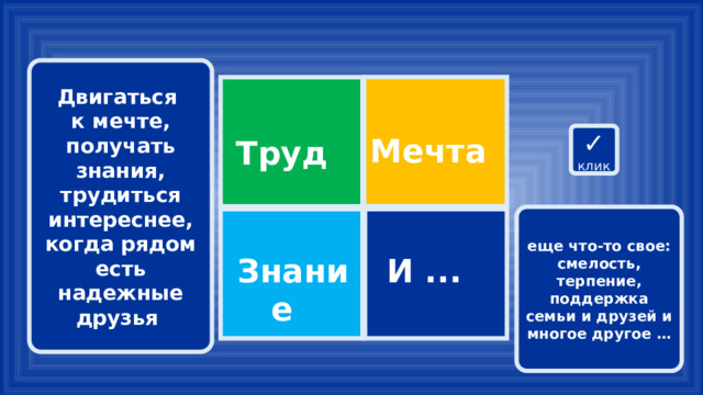 Двигаться к мечте, получать знания, трудиться интереснее, когда рядом есть надежные друзья   ✓ клик Мечта Труд еще что-то свое: смелость, терпение, поддержка семьи и друзей и многое другое …   И ... Знание 