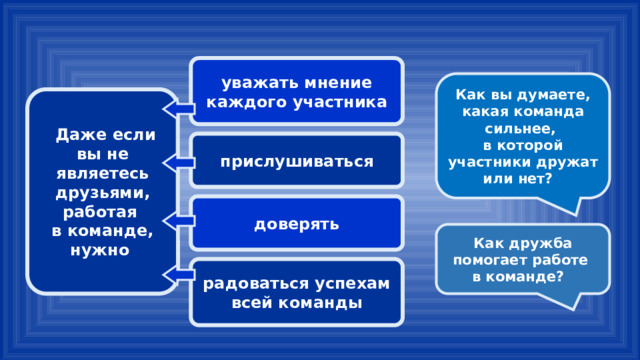 уважать мнение каждого участника Как вы думаете, какая команда сильнее, в которой участники дружат или нет?  Даже если вы не являетесь друзьями, работая в команде, нужно прислушиваться доверять Как дружба помогает работе в команде? радоваться успехам всей команды 