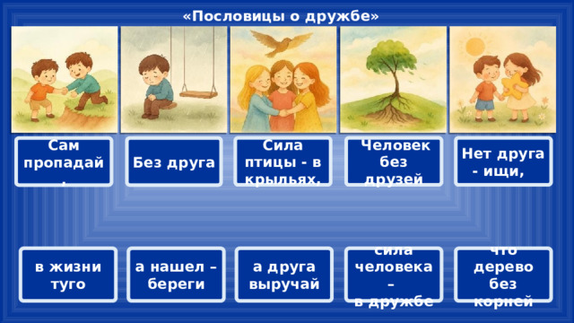 «Пословицы о дружбе» Нет друга - ищи,  Человек без друзей Сила птицы - в крыльях, Сам пропадай, Без друга а друга выручай в жизни туго сила человека – что дерево без корней а нашел – береги в дружбе 