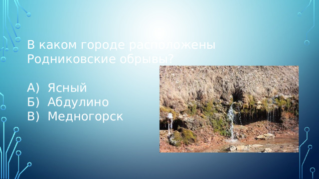 В каком городе расположены Родниковские обрывы? А) Ясный Б) Абдулино В) Медногорск 