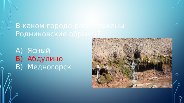 В каком городе расположены Родниковские обрывы? А) Ясный Б) Абдулино В) Медногорск 