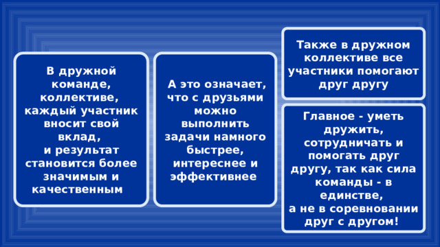 Также в дружном коллективе все участники помогают друг другу  А это означает, что с друзьями можно выполнить задачи намного быстрее, интереснее и эффективнее В дружной команде, коллективе, каждый участник вносит свой вклад, и результат становится более значимым и качественным Главное - уметь дружить, сотрудничать и помогать друг другу, так как сила команды - в единстве, а не в соревновании друг с другом! 