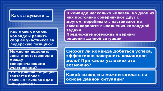 Как вы думаете … В команде несколько человек, но двое из них постоянно соперничают друг с другом, перебивают, настаивают на своем варианте выполнения командной задачи. Предложите возможный вариант решения данной ситуации Как можно помочь команде и решить спор ее участников за лидерскую позицию? Сможет ли команда добиться успеха, эффективно завершить командное дело? При каких условиях это возможно? Можно ли поделить зоны ответственности между соперничающими участниками? Какой вывод мы можем сделать на основе данной ситуации? Что в данной ситуации является более важным: личная идея или дружба? 