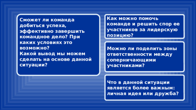 Сможет ли команда добиться успеха, эффективно завершить командное дело? При каких условиях это возможно? Какой вывод мы можем сделать на основе данной ситуации?  Как можно помочь команде и решить спор ее участников за лидерскую позицию? Можно ли поделить зоны ответственности между соперничающими участниками? Что в данной ситуации является более важным: личная идея или дружба? 