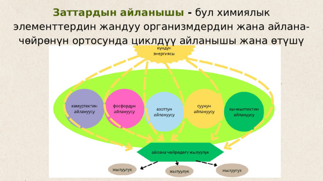 Заттардын айланышы - бул химиялык элементтердин жандуу организмдердин жана айлана-чөйрөнүн ортосунда циклдүү айланышы жана өтүшү 