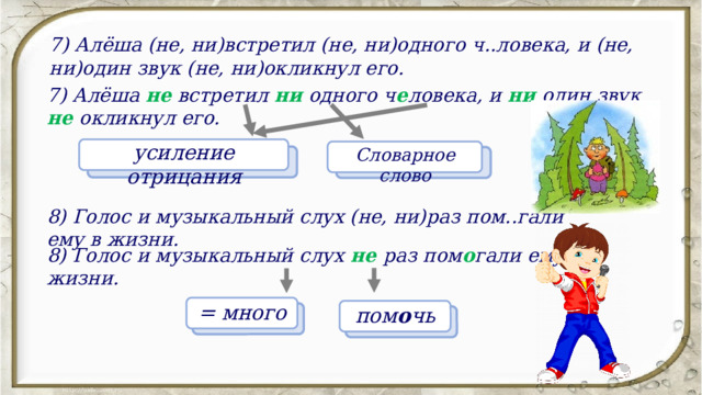 7) Алёша (не, ни)встретил (не, ни)одного ч..ловека, и (не, ни)один звук (не, ни)окликнул его.  7) Алёша не встретил ни  одного ч е ловека, и ни один звук не окликнул его.  усиление отрицания Словарное слово 8) Голос и музыкальный слух (не, ни)раз пом..гали ему в жизни. 8) Голос и музыкальный слух не  раз пом о гали ему в жизни. = много пом о чь 