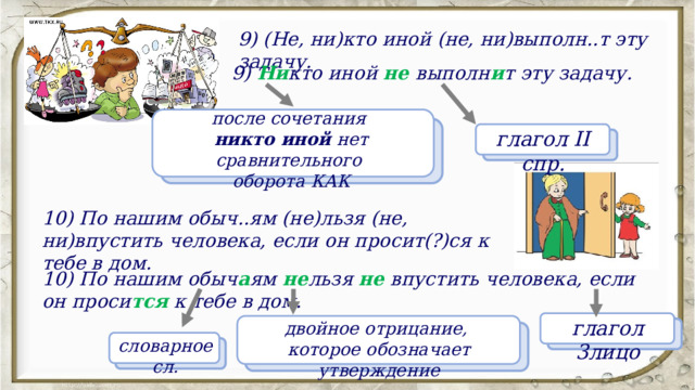 9) (Не, ни)кто иной (не, ни)выполн..т эту задачу.  9)  Ни кто иной не  выполн и т эту задачу.  после сочетания никто иной нет  сравнительного оборота КАК глагол II спр. 10) По нашим обыч..ям (не)льзя (не, ни)впустить человека, если он просит(?)ся к тебе в дом. 10) По нашим обыч а ям не льзя не впустить человека, если он проси тся к тебе в дом. глагол 3лицо двойное отрицание, которое обозначает утверждение словарное сл. 16 