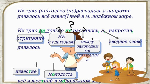 Их трио (не)только (не)распалось а напротив делалось всё извес(?)ней в м..лодёжном мире. Их трио не  т олько не распалось , а , напротив , делалось  всё извес т ней в м о лодёжном мире. НЕ с глаголами отрицание вводное слово между однородными сказуемыми извес т ие м о лодость 