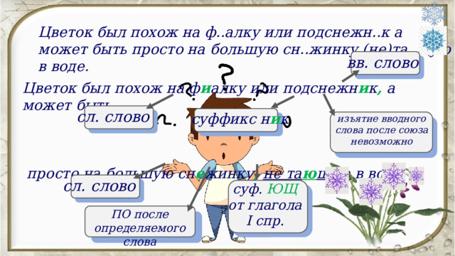 Цветок был похож на ф..алку или подснежн..к а может быть просто на большую сн..жинку (не)та..щую в воде.  вв. слово Цветок был похож на ф и алку или подснежн и к , а может быть ,     просто на большую сн е жинку ,  не  та ю щую в воде.  сл. слово суффикс н и к изъятие вводного слова после союза невозможно сл. слово суф. ЮЩ от глагола I спр. ПО после определяемого слова 
