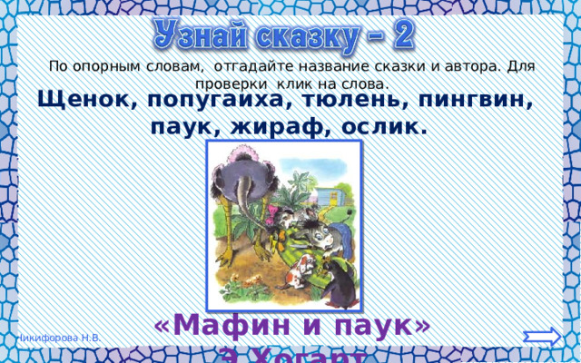 По опорным словам, отгадайте название сказки и автора. Для проверки клик на слова. Щенок, попугаиха, тюлень, пингвин,  паук, жираф, ослик. «Мафин и паук» Э.Хогарт 
