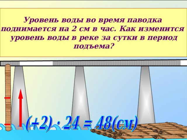 Уровень воды во время паводка поднимается на 2 см в час. Как изменится уровень воды в реке за сутки в период подъема? На этом слайде для корректной демонстрации надо нажимать стрелочку в левом нижнем углу «следующее действие» 12 